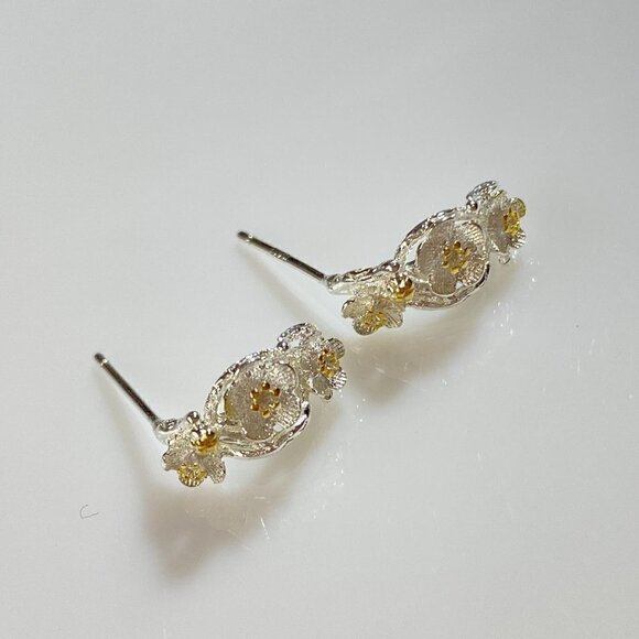 Silver Plated Copper Cherry Blossom Branch Earrings - Picture 1 of 6